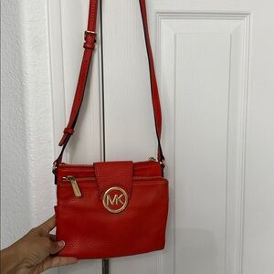 Michael Kors Red Leather Crossbody with Gold MK Emblem